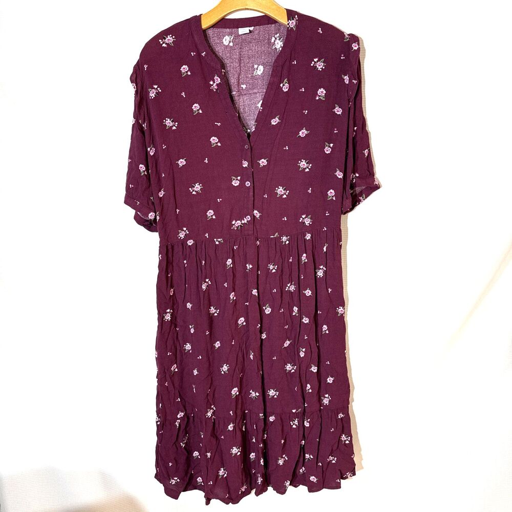 Old Navy Burgundy Ditsy Floral Print Prarie Crepe 3/4 Sleeves Shift Dress - L